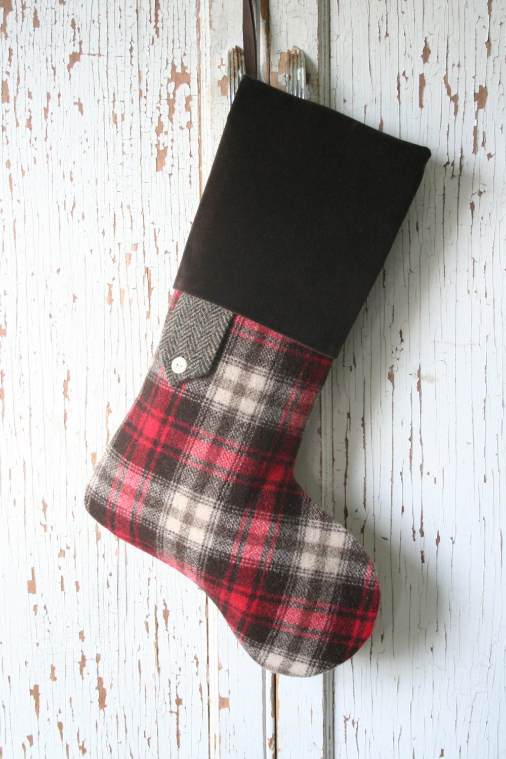 Tartan Plaid CHRISTMAS STOCKING, with Herringbone and Velvet, Lumberjack, Handmade