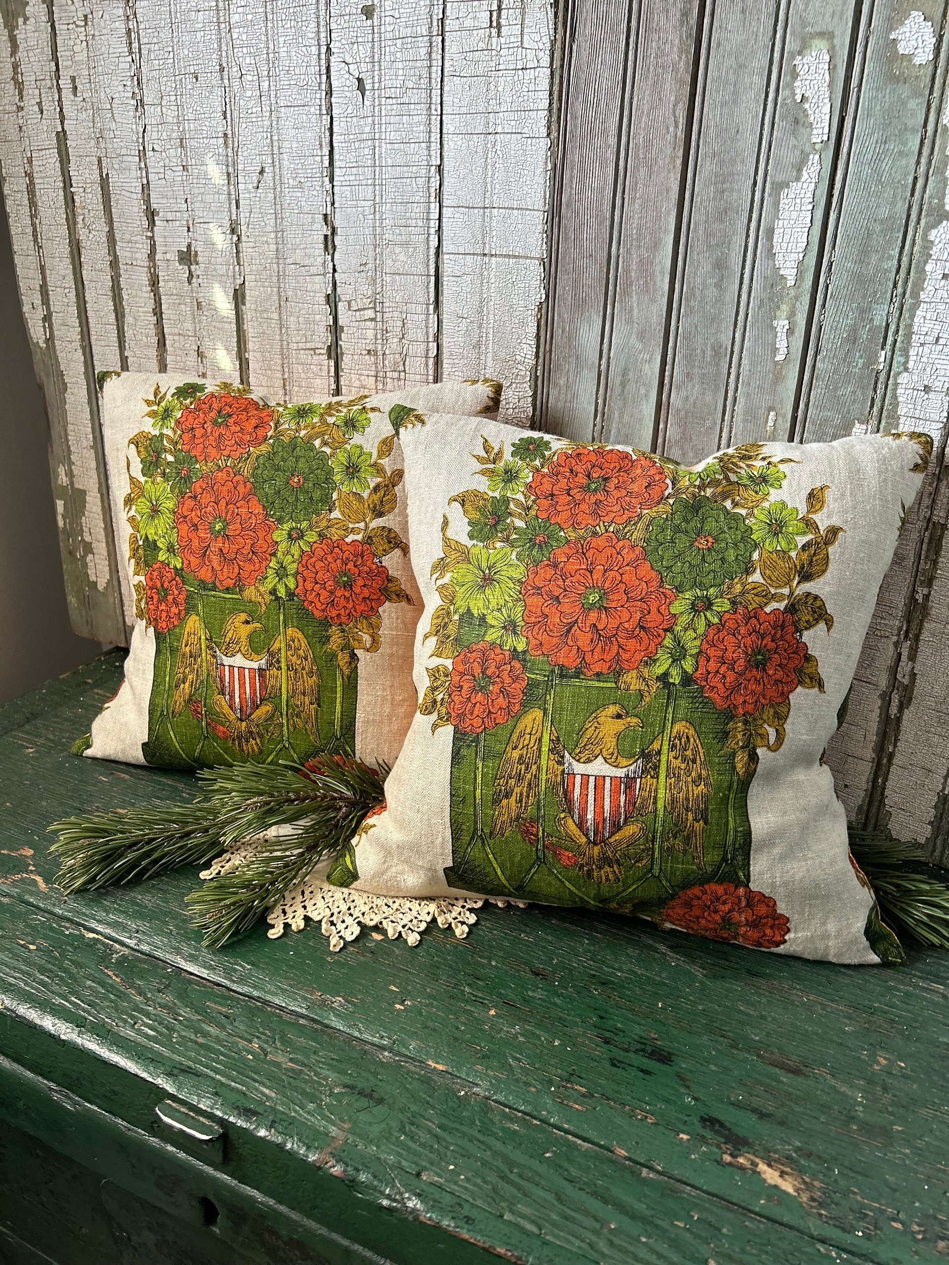Mid Century Americana Pillow, Orange, Avocado Green