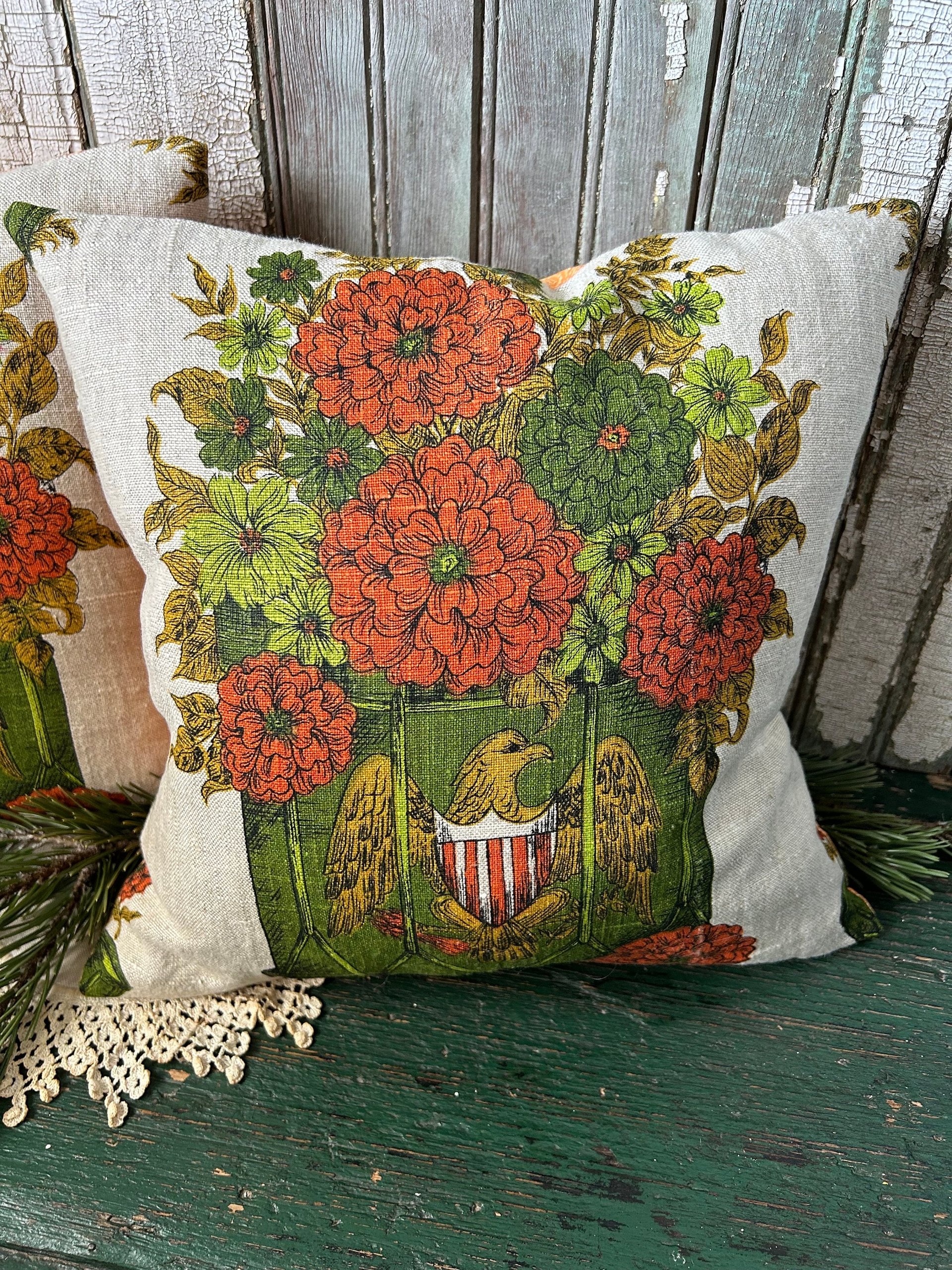 Mid Century Americana Pillow, Orange, Avocado Green