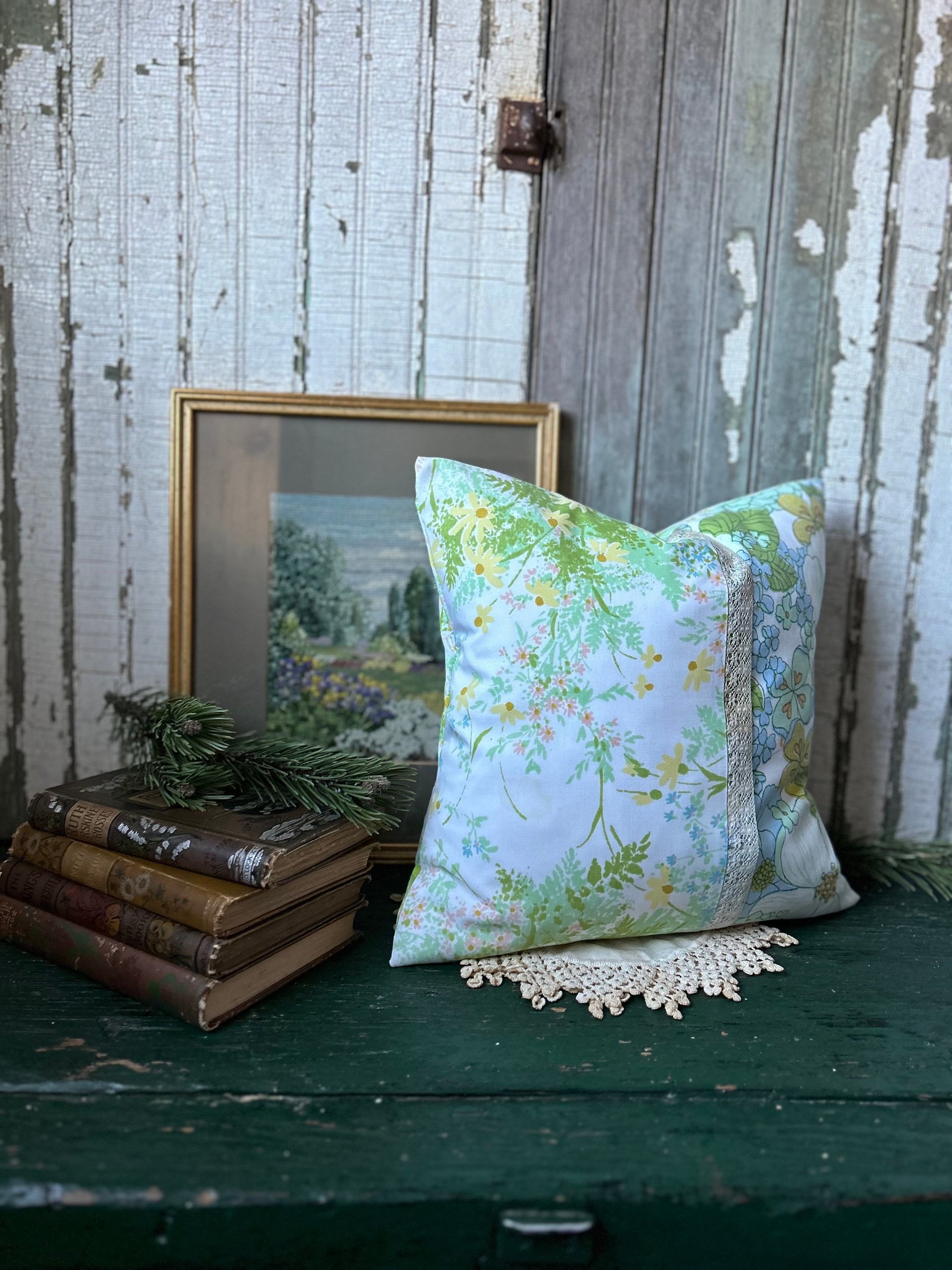 Pastel Floral Throw Pillow, Vintage Fabrics